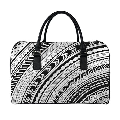 Black And White Maori Polynesian Print Leather Duffle Bag