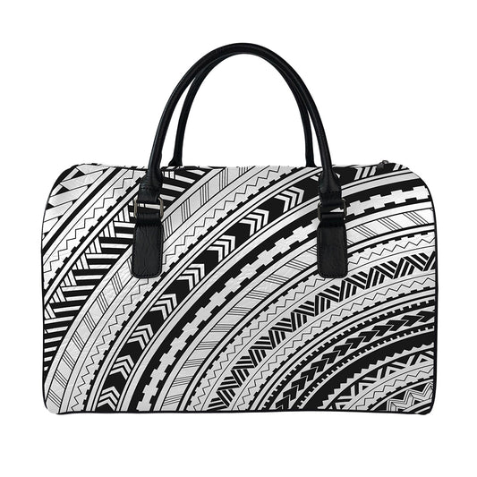 Black And White Maori Polynesian Print Leather Duffle Bag