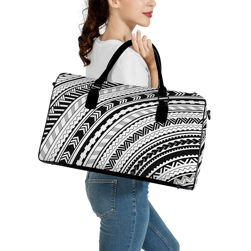 Black And White Maori Polynesian Print Leather Duffle Bag
