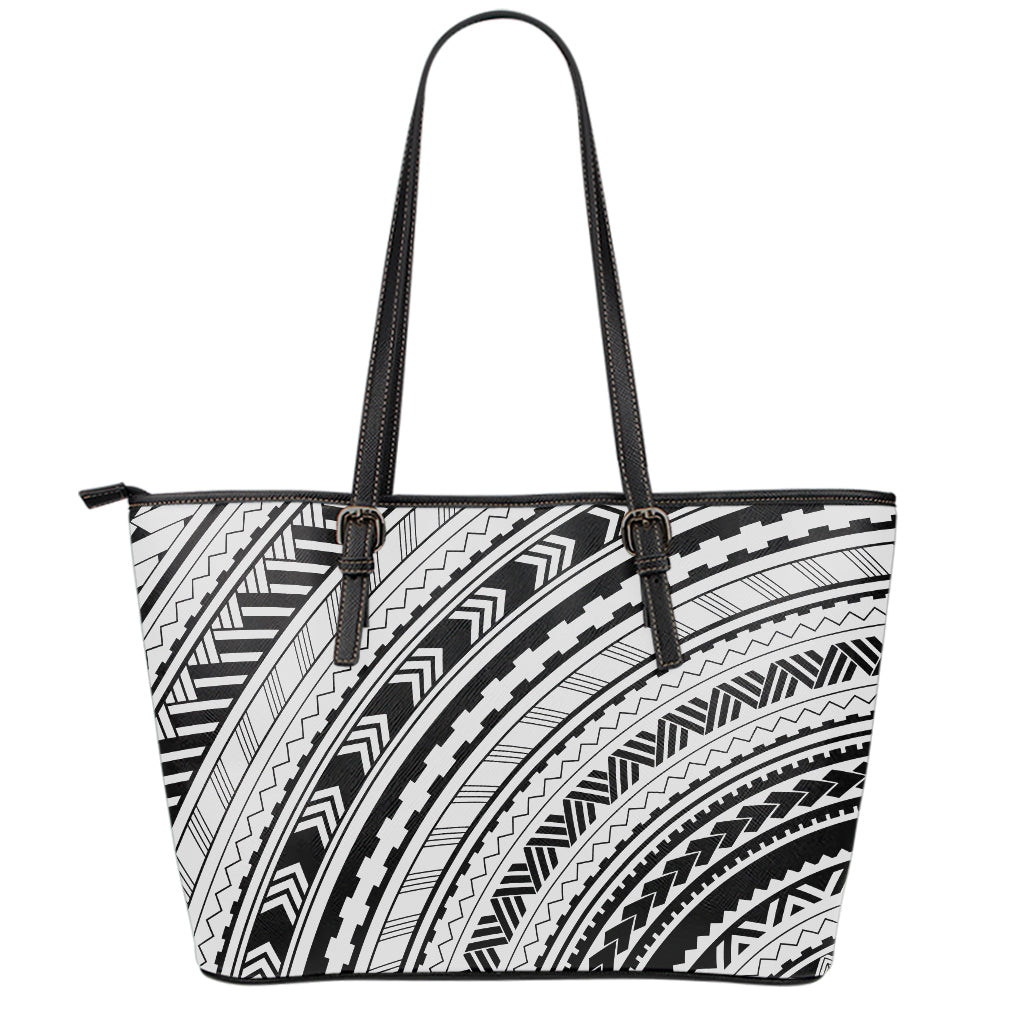 Black And White Maori Polynesian Print Leather Tote Bag