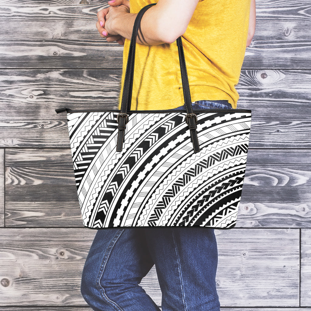 Black And White Maori Polynesian Print Leather Tote Bag