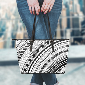 Black And White Maori Polynesian Print Leather Tote Bag