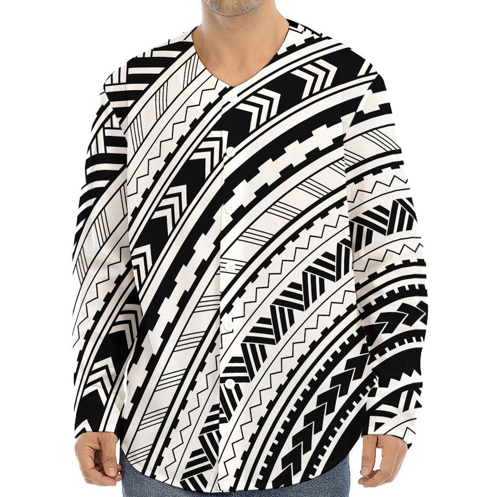 Black And White Maori Polynesian Print Long Sleeve Baseball Jersey