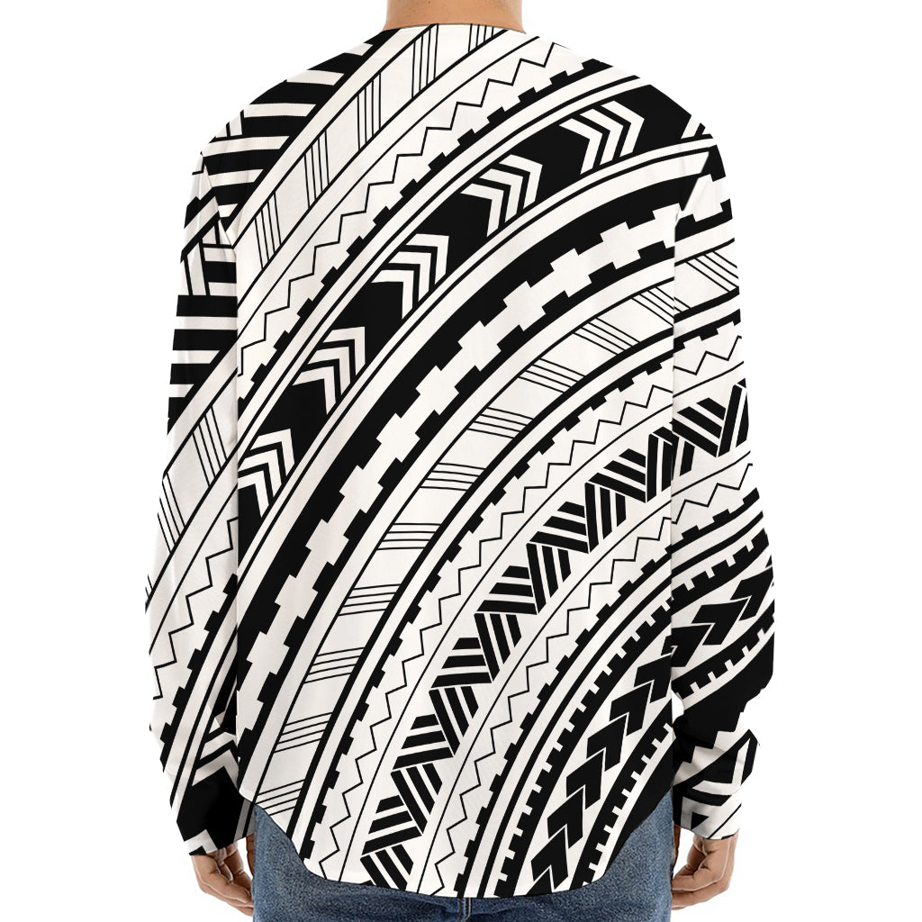 Black And White Maori Polynesian Print Long Sleeve Baseball Jersey