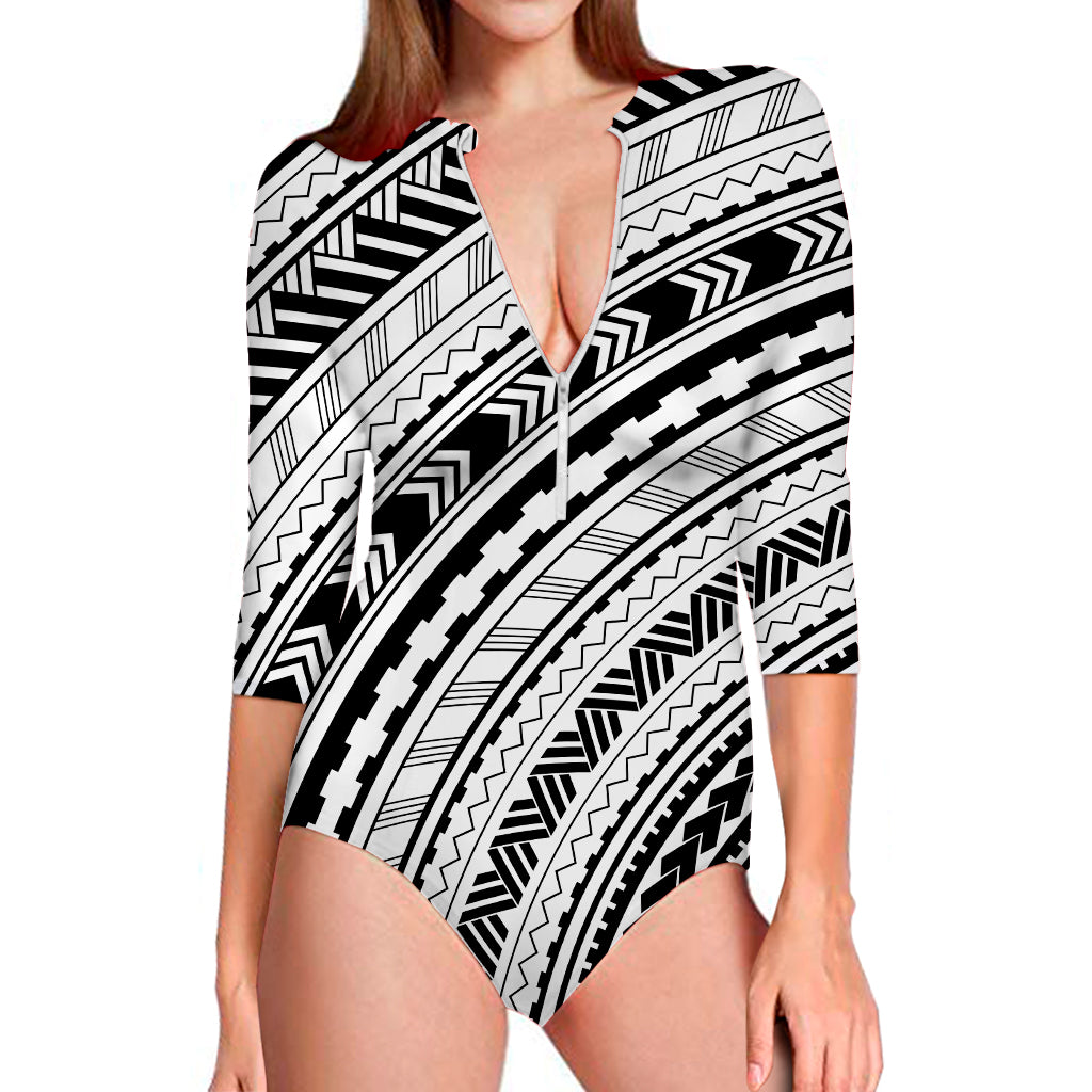 Black And White Maori Polynesian Print Long Sleeve Swimsuit