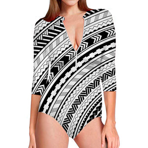 Black And White Maori Polynesian Print Long Sleeve Swimsuit