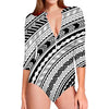 Black And White Maori Polynesian Print Long Sleeve Swimsuit