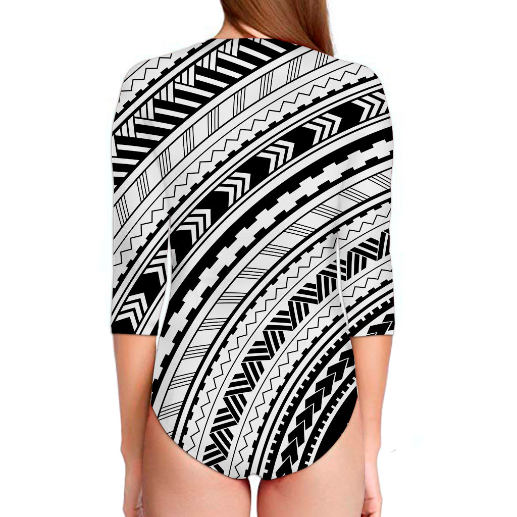 Black And White Maori Polynesian Print Long Sleeve Swimsuit