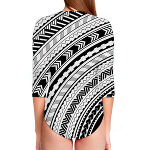 Black And White Maori Polynesian Print Long Sleeve Swimsuit