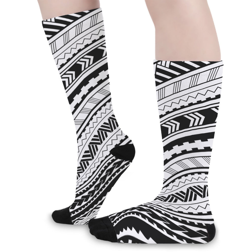 Black And White Maori Polynesian Print Long Socks