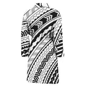 Black And White Maori Polynesian Print Men's Bathrobe