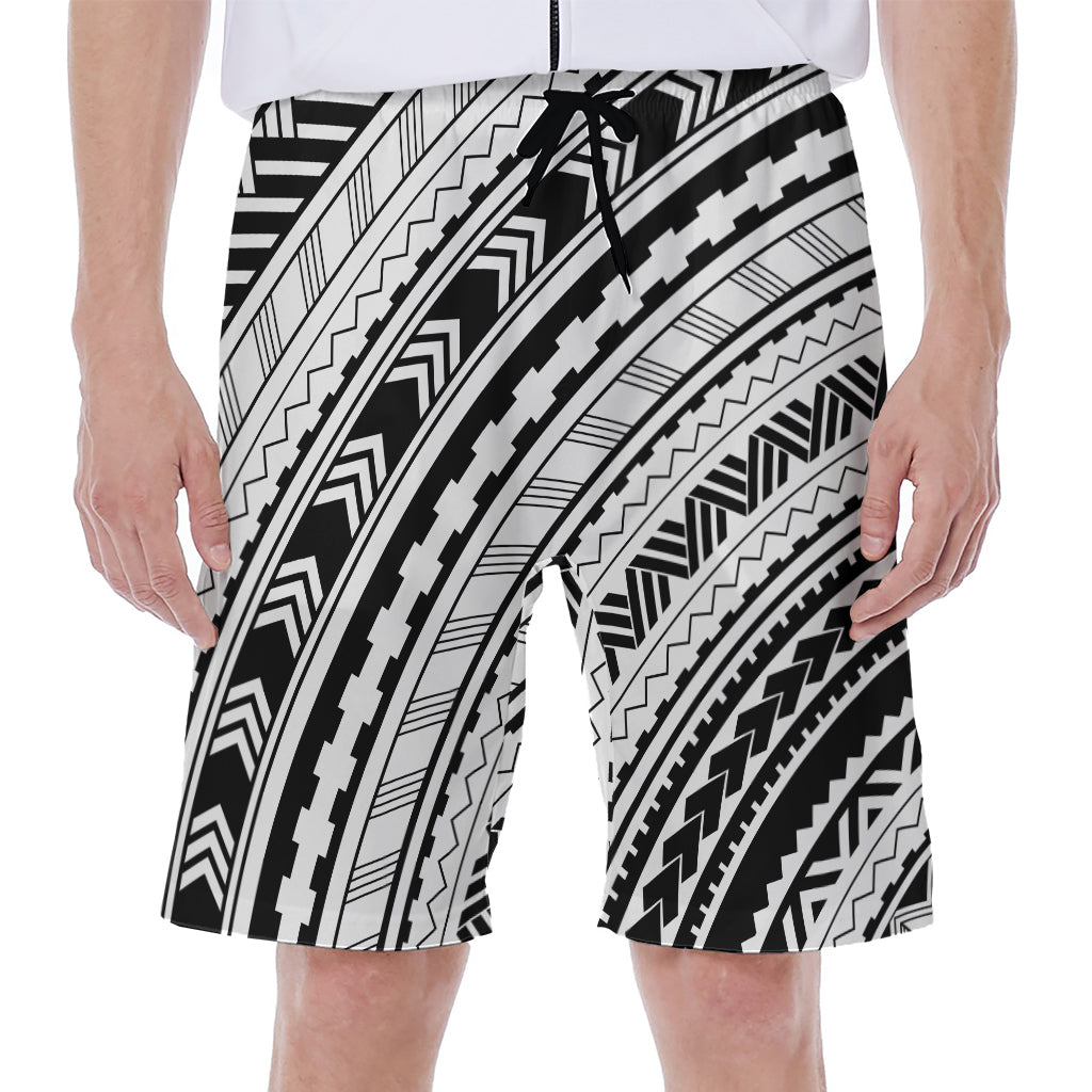 Black And White Maori Polynesian Print Men's Beach Shorts