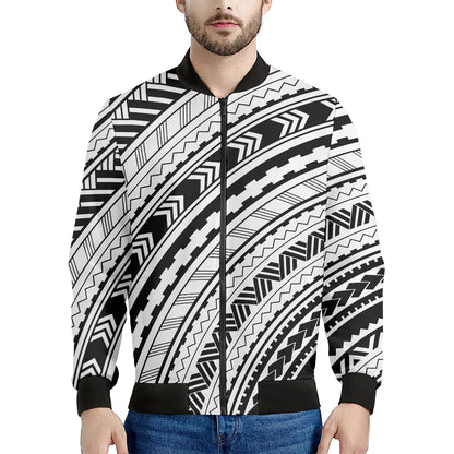 Black And White Maori Polynesian Print Men's Bomber Jacket