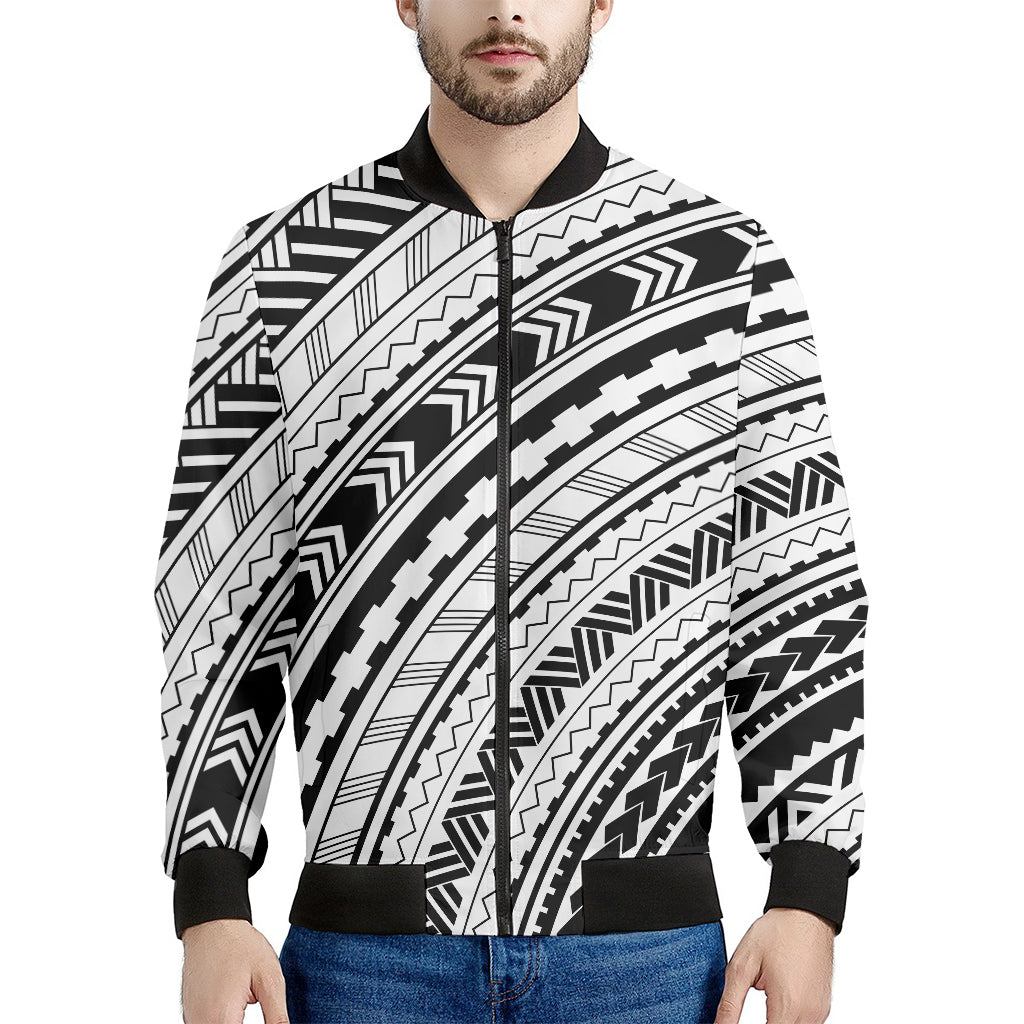 Black And White Maori Polynesian Print Men's Bomber Jacket