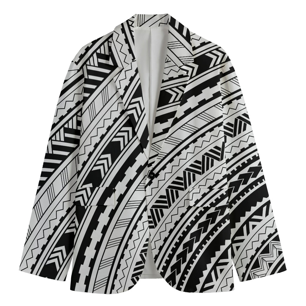 Black And White Maori Polynesian Print Men's Cotton Blazer