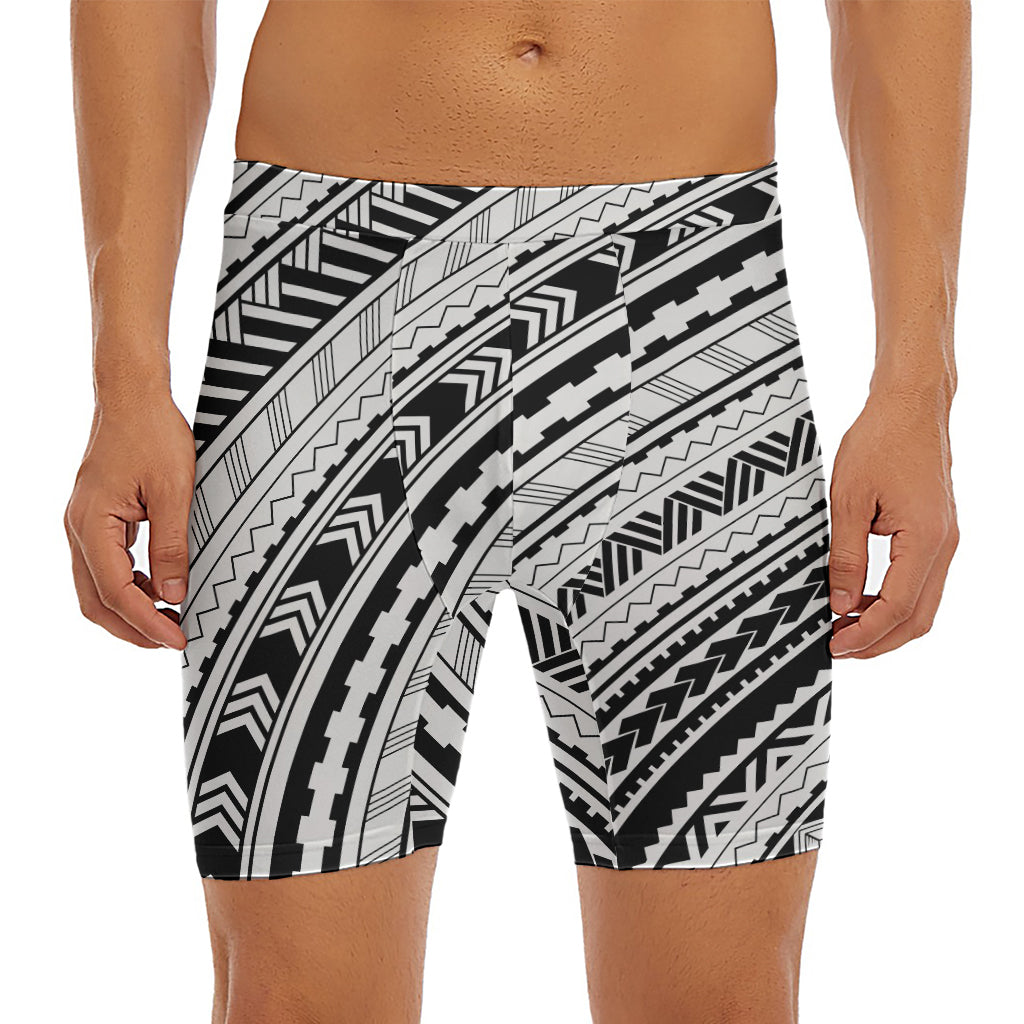 Black And White Maori Polynesian Print Men's Long Boxer Briefs