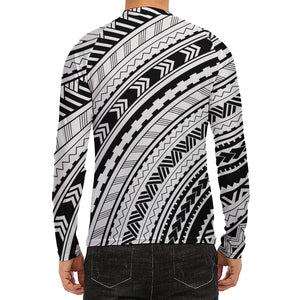 Black And White Maori Polynesian Print Men's Long Sleeve Rash Guard