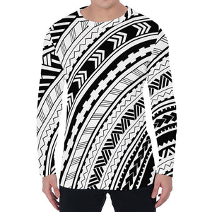 Black And White Maori Polynesian Print Men's Long Sleeve T-Shirt