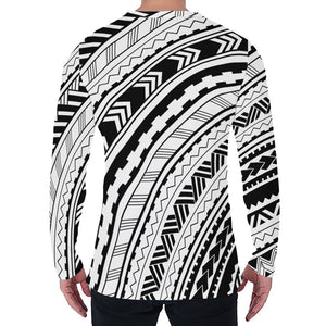 Black And White Maori Polynesian Print Men's Long Sleeve T-Shirt