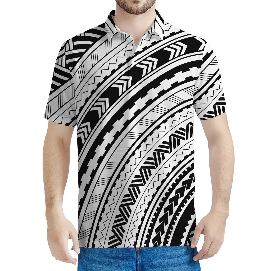 Black And White Maori Polynesian Print Men's Polo Shirt