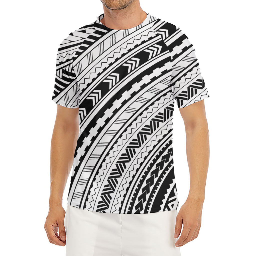 Black And White Maori Polynesian Print Men's Short Sleeve Rash Guard