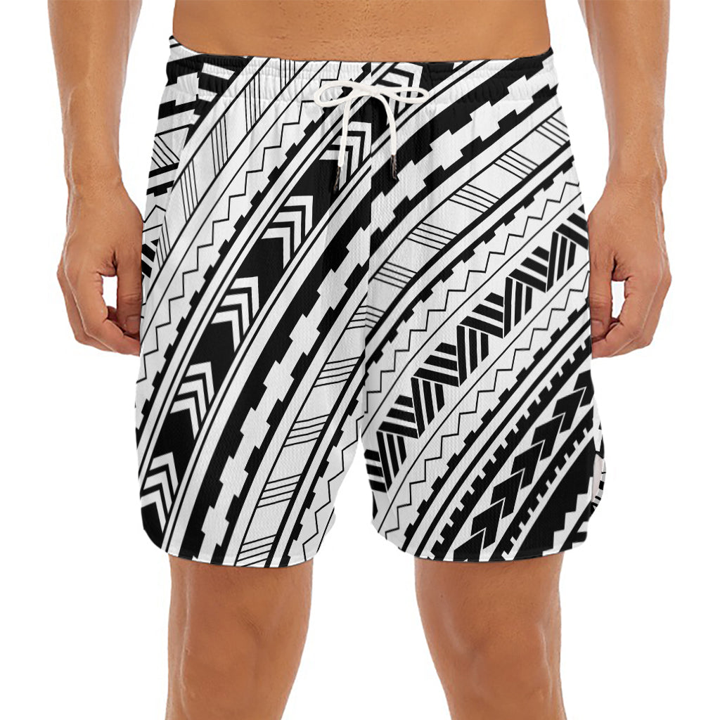 Black And White Maori Polynesian Print Men's Split Running Shorts