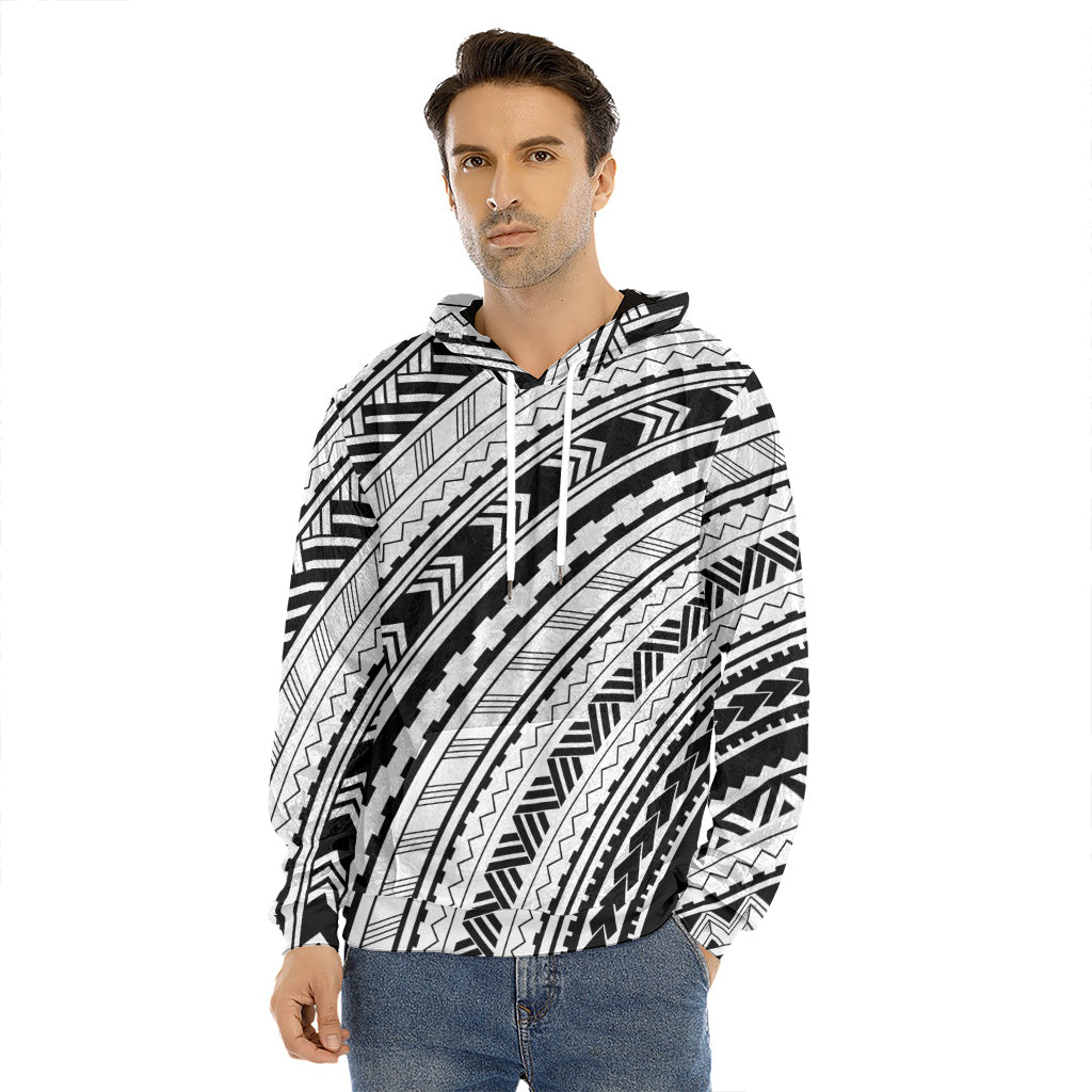 Black And White Maori Polynesian Print Men's Velvet Pullover Hoodie