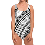 Black And White Maori Polynesian Print One Piece Swimsuit