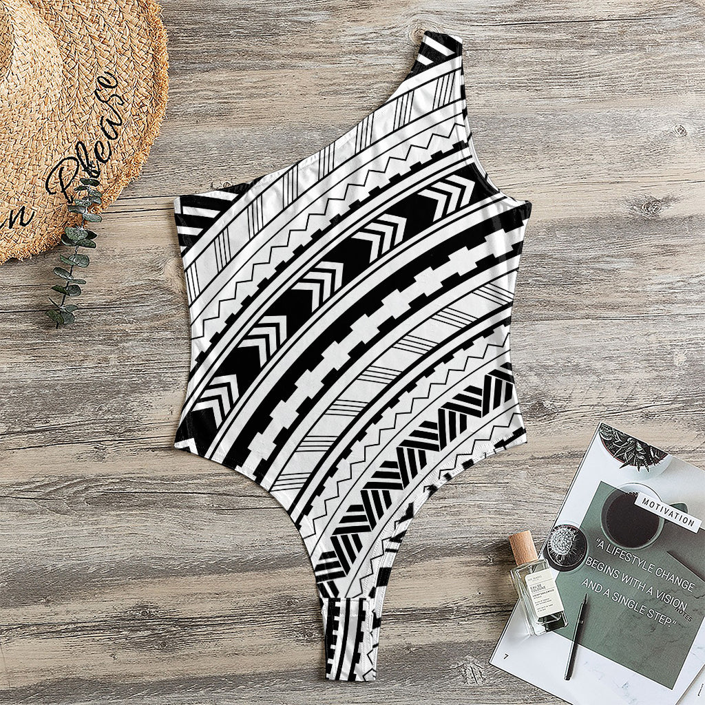 Black And White Maori Polynesian Print One Shoulder Bodysuit