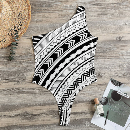Black And White Maori Polynesian Print One Shoulder Bodysuit