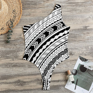 Black And White Maori Polynesian Print One Shoulder Bodysuit