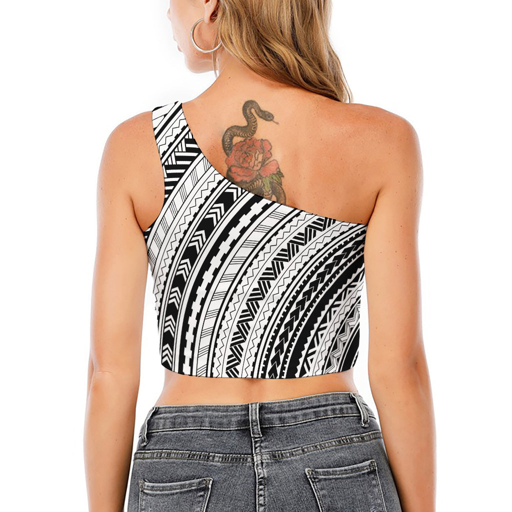 Black And White Maori Polynesian Print One Shoulder Crop Top