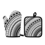 Black And White Maori Polynesian Print Oven Mitt And Pot Holder Set