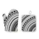 Black And White Maori Polynesian Print Oven Mitt And Pot Holder Set