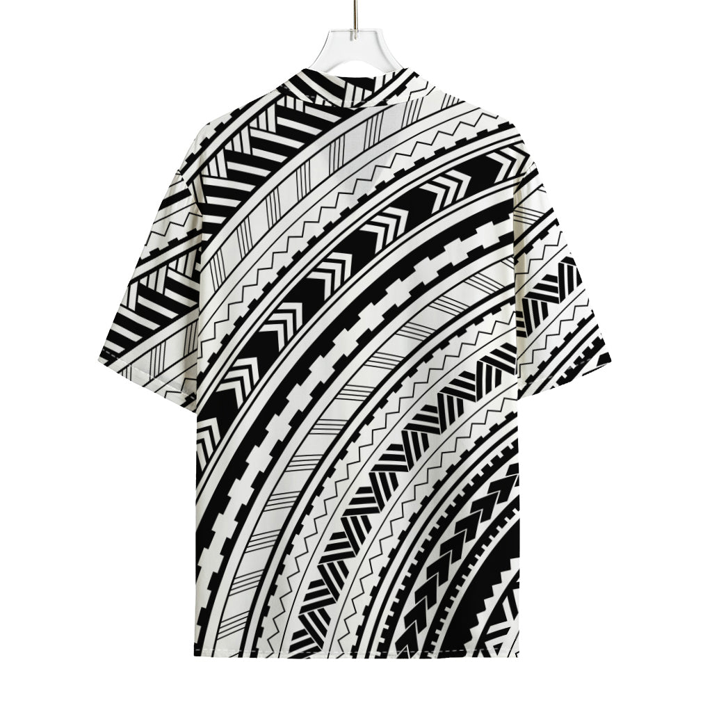 Black And White Maori Polynesian Print Rayon Hawaiian Shirt