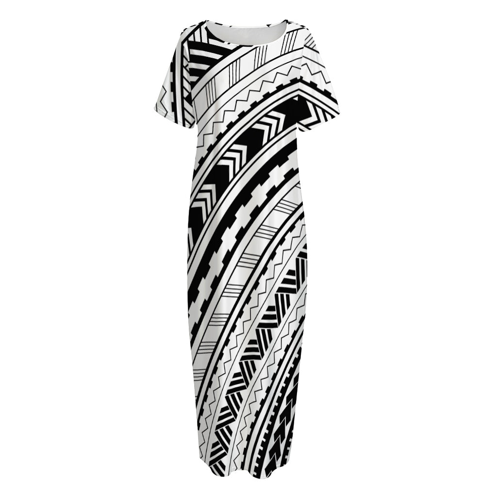 Black And White Maori Polynesian Print Short Sleeve Long Nightdress