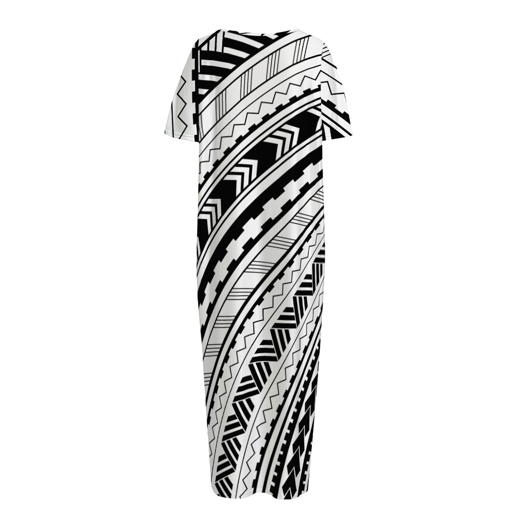 Black And White Maori Polynesian Print Short Sleeve Long Nightdress