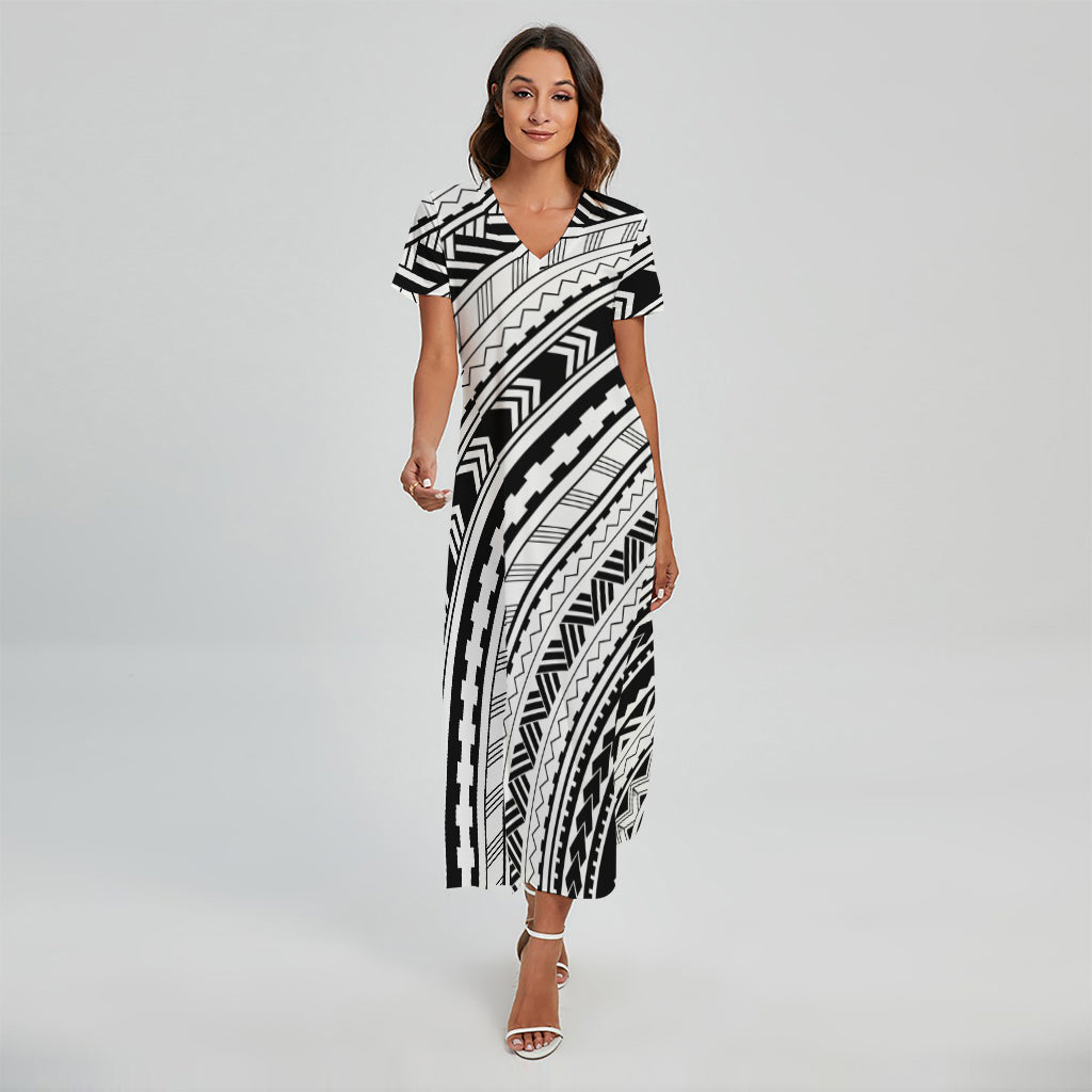 Black And White Maori Polynesian Print Short Sleeve Maxi Dress