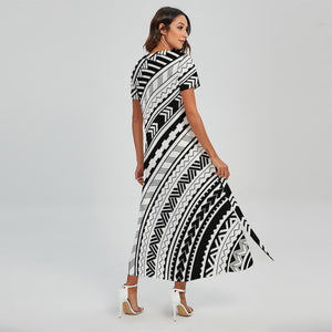 Black And White Maori Polynesian Print Short Sleeve Maxi Dress