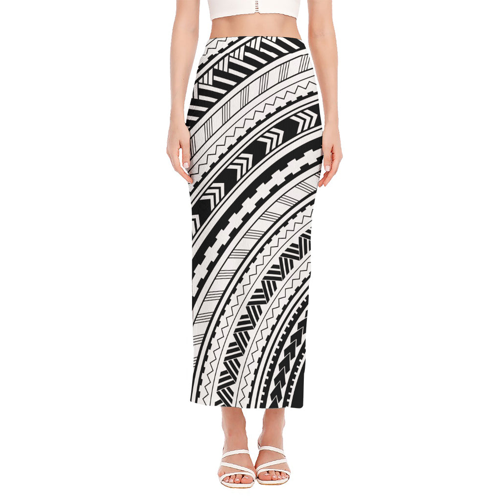 Black And White Maori Polynesian Print Side Slit Maxi Skirt