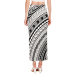 Black And White Maori Polynesian Print Side Slit Maxi Skirt