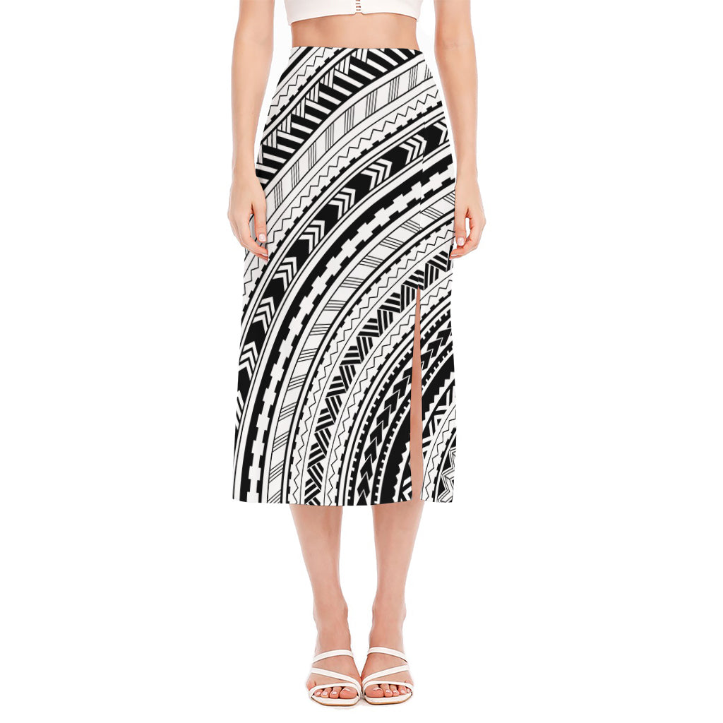 Black And White Maori Polynesian Print Side Slit Midi Skirt