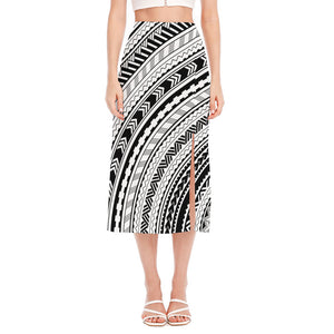 Black And White Maori Polynesian Print Side Slit Midi Skirt