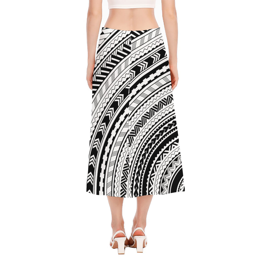 Black And White Maori Polynesian Print Side Slit Midi Skirt