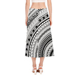 Black And White Maori Polynesian Print Side Slit Midi Skirt