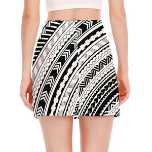 Black And White Maori Polynesian Print Side Slit Mini Skirt