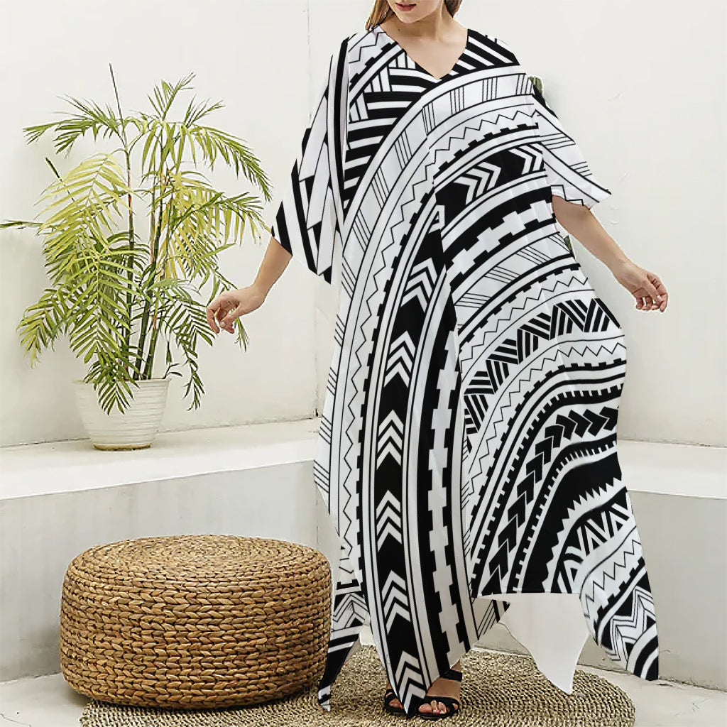 Black And White Maori Polynesian Print Silk V-Neck Kaftan Dress