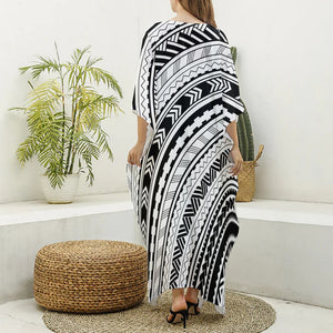 Black And White Maori Polynesian Print Silk V-Neck Kaftan Dress