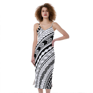 Black And White Maori Polynesian Print Slim Fit Midi Cami Dress