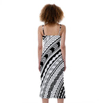 Black And White Maori Polynesian Print Slim Fit Midi Cami Dress